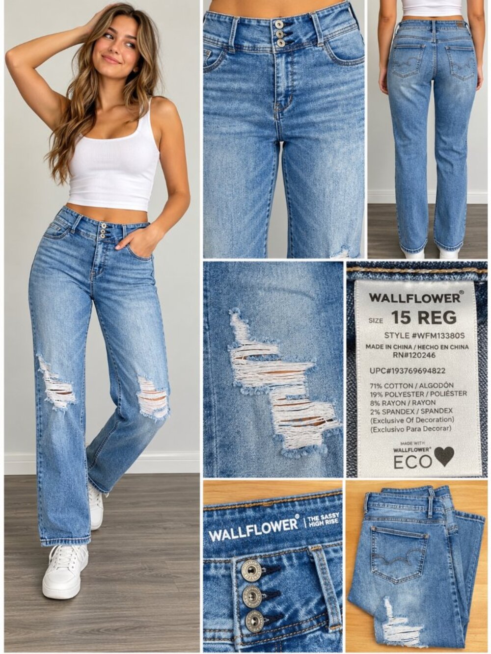 WallFlower Sassy High Rise Size 15 Distressed Light Wash Straight Leg Jeans
